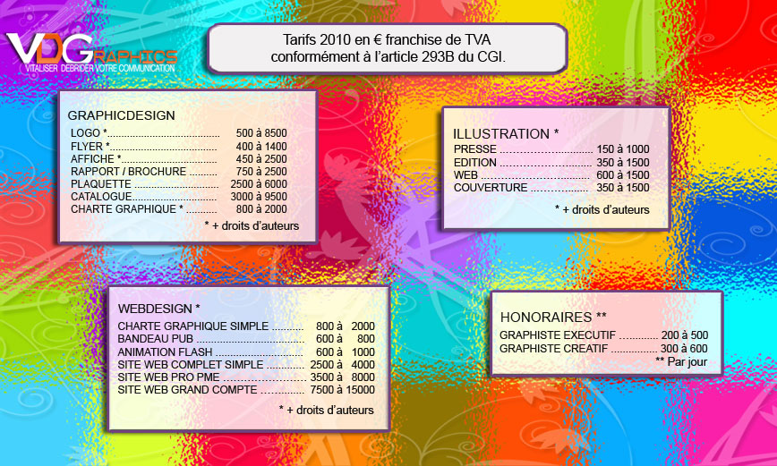 Tarifs 2010 VDGRAPHICS en franchise de TVA